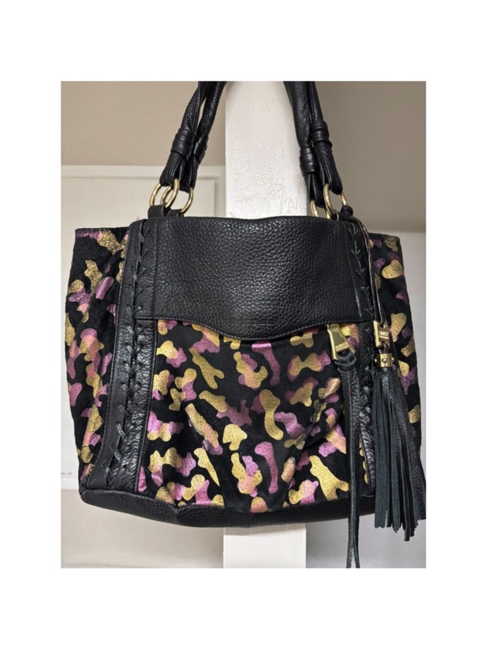 Aimee Kestenberg Black Leather With Pink and Gold Leopard Print